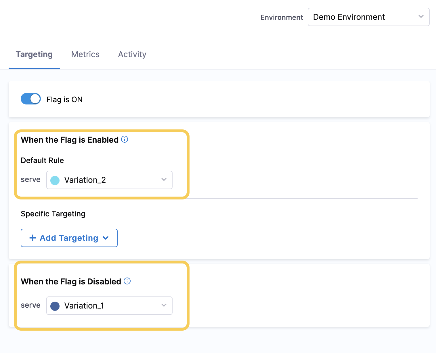 A screenshot of the Targeting tab of a Flag, which highlights where you can change which Flag Variation is served.